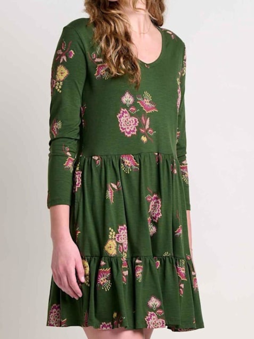 Toad&Co Marley Tiered Long Sleeve Dress Olive Green Floral Organic Cotton S